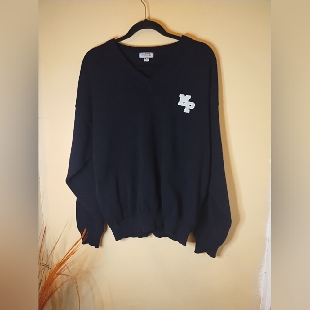 Edwards Mens Navy‎ Blue V-neck Tight Knit Pullover "MP" logo Sweater Size XL